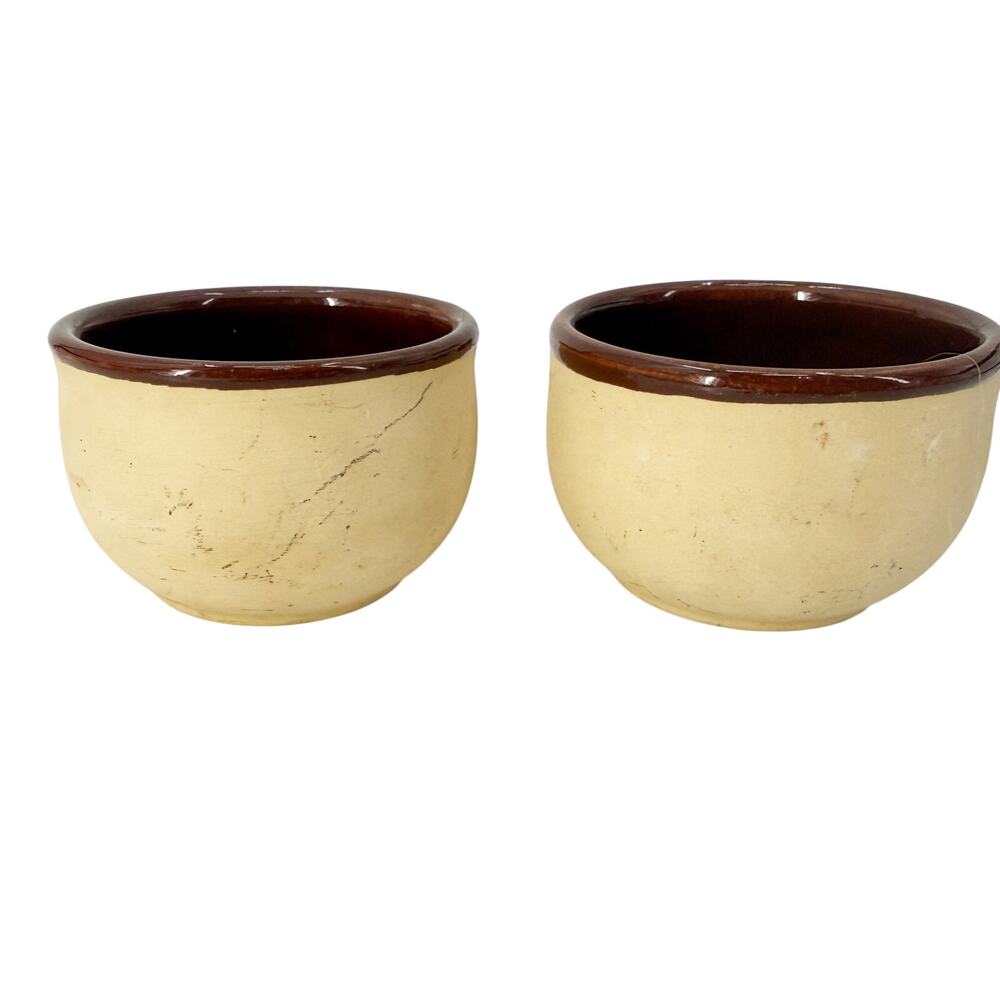 two vintage bisque tan & brown Bean Cups small pots ovenware USA Watt pottery?